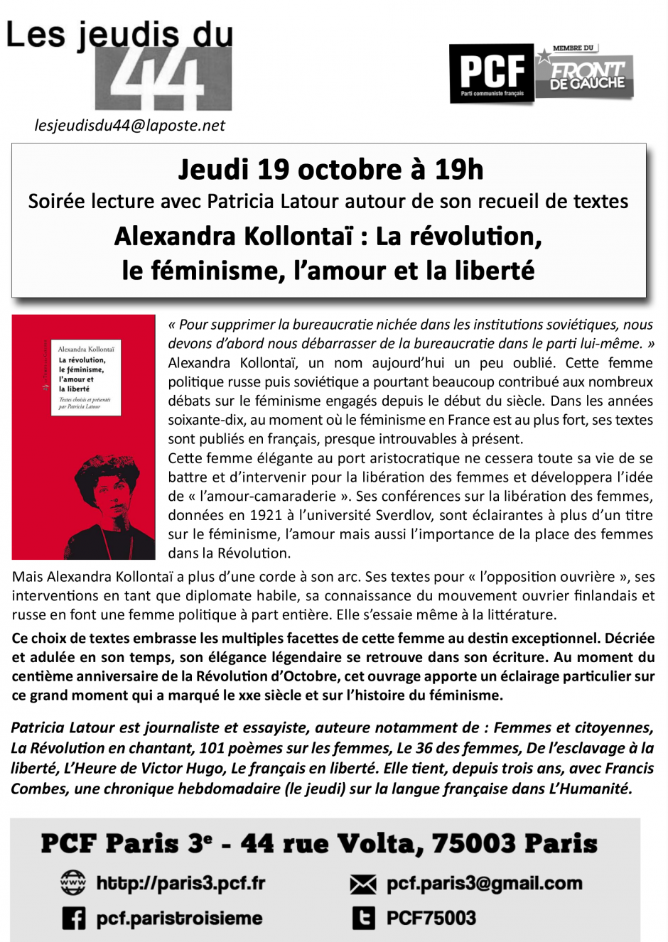 19 octobre : Soirée Lecture autour du livre de Patricia Latour, 