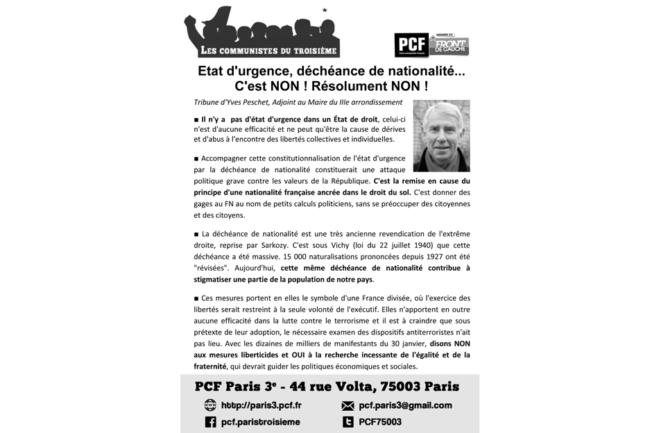Tract sur l'état d'urgence - Tribune d'Yves Peschet